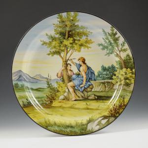 Angelica e Medoro: Piatto da parata istoriato con scena tratta dall'Orlando Furioso di Ludovico Ariosto